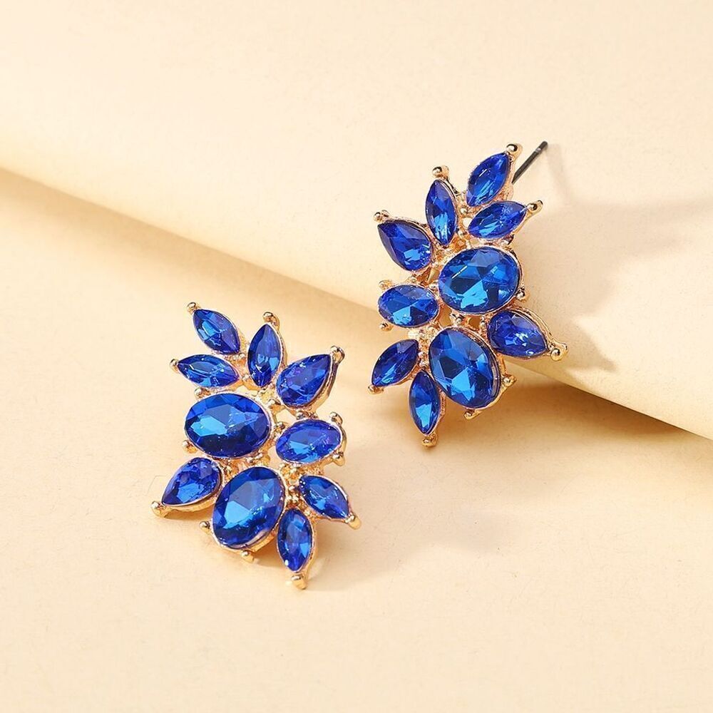 Beautiful Flower Blue Rhinestones Stud Earrings Water Drop Textured Classic Chic